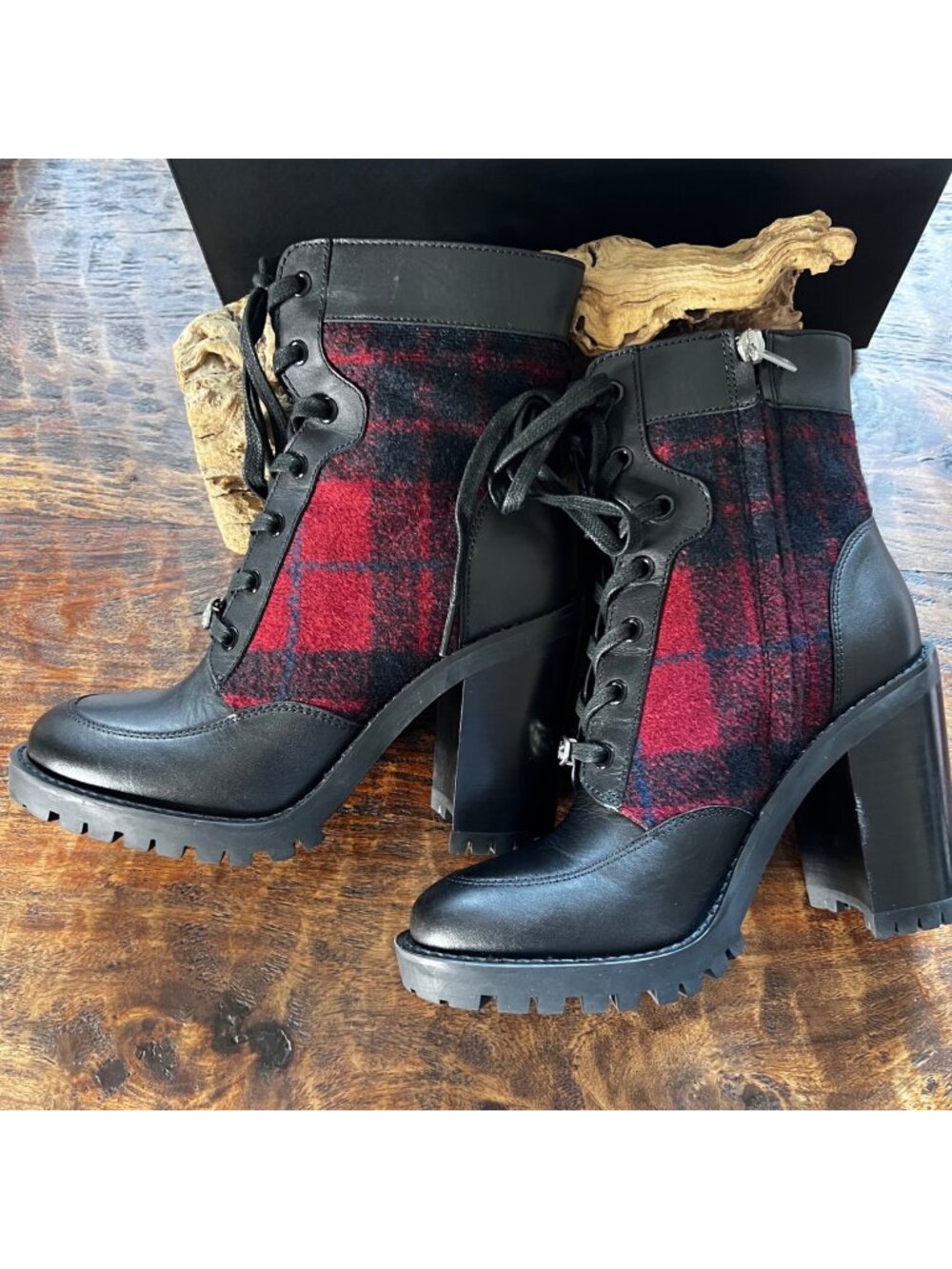 Coach Hedy Black & Red Plaid Lace-Up Heeled Boots Size 7.5B Leather & Wool
